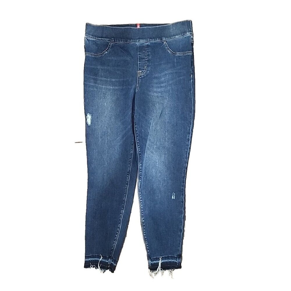 Spanx Jeans Distressed Slimming Ankle Stretch Pull On Blue Raw Hem Women's 1X
